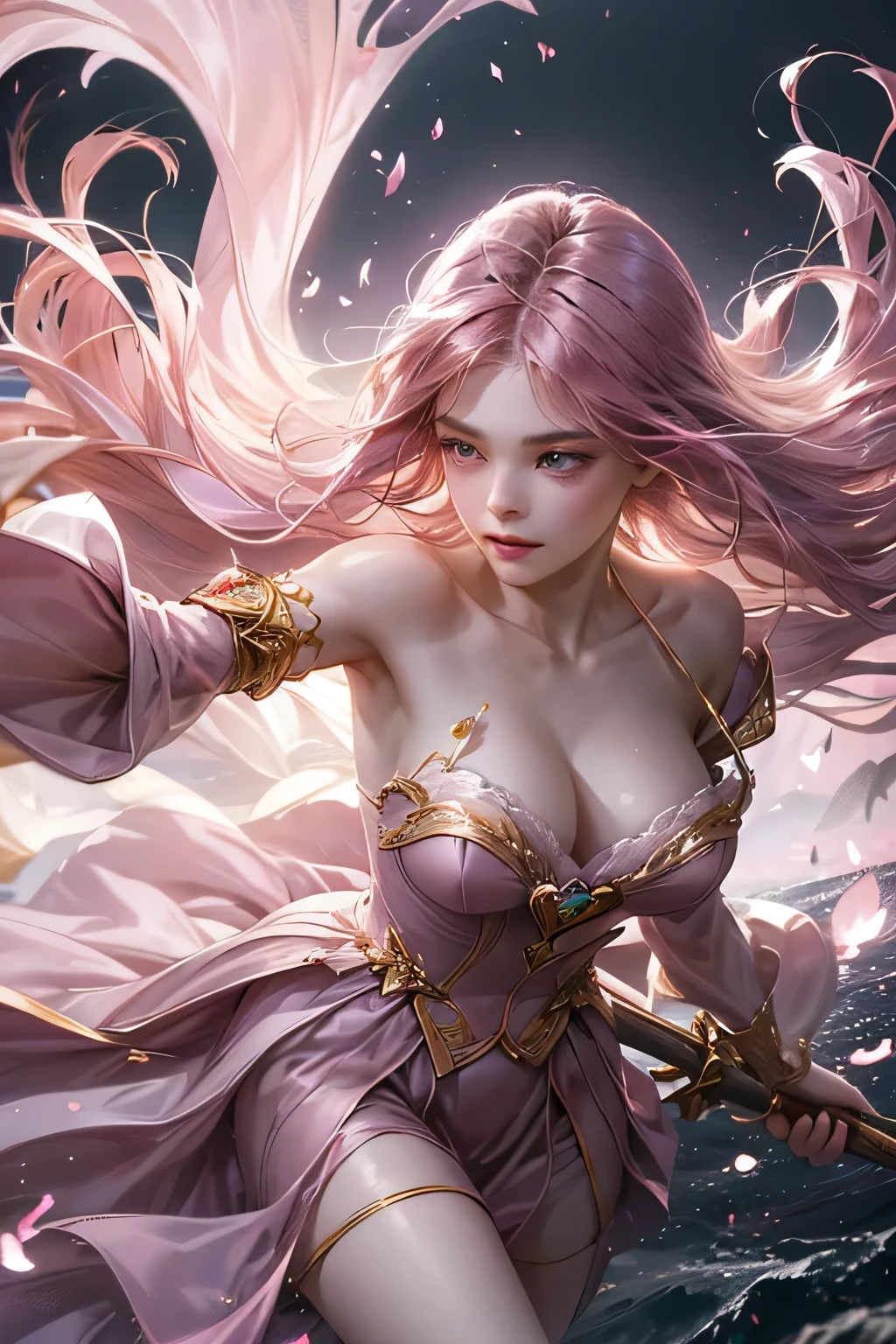 "Create an ultra-realistic image of a stunning 18-year-old girl holding an air magical staff that exudes the energy of the wind and sky. She should be dressed in a sophisticated, ((((((dark pink)))))) shaded outfit that contrasts beautifully with her airy element. Depict her surrounded by elements of air, such as swirling breezes, floating feathers, and gentle currents, to highlight her command over this element. Include a distinct air symbol on her body, signifying her role as the keeper of air and illustrating the powerful, ethereal energy of air she holds within her."