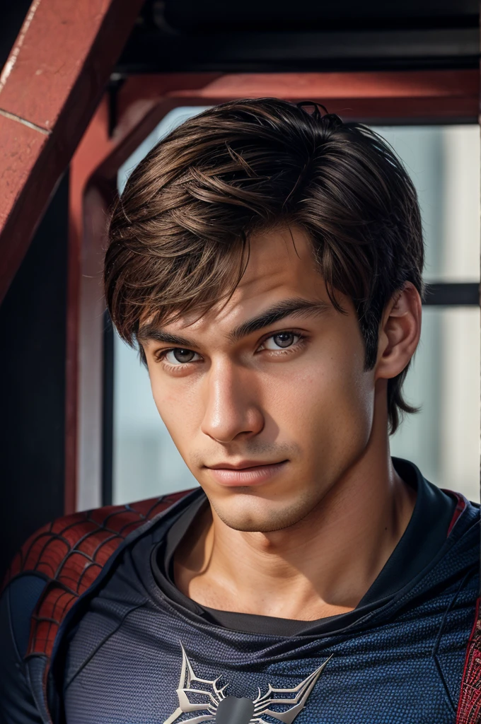 A photograph of spider man, no mask, 20 yo, handsome, detailed face, looking at camera, portrait, 8k uhd, high quality