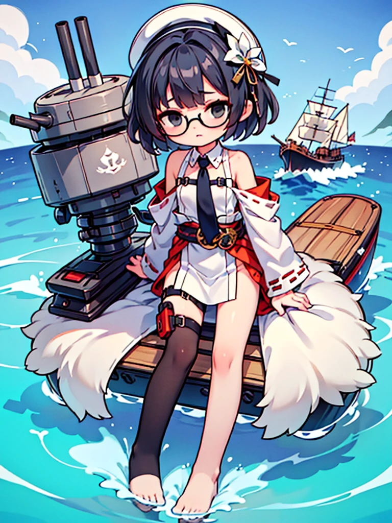((((Full body of a woman with perfect flat chest、solo、Short unkempt black hair、Tie your messy hair at the nape of your neck、white military jacket、Miko costume、tights、Black glasses、White military cap、Cloudy black eyes、Sleepy expression、Falcon Hair Accessories、Eagle hair accessory)))), (((masterpiece))), (((Shipgirl))), ((Floating on the morning sea with both feet)), (Spread your legs wide open), (Hold the turret with your right hand), (Mechanical arms extending from the waist are used to equip the ship with battleship equipment.), (Equipped with a turret on the back), (Holds the turret with his left arm), Shotgun shells are attached to the thigh with a belt, Spreading the Machine's Wings, Machine tail, shotgun,