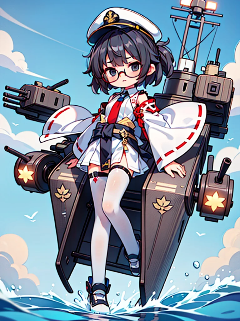 ((((Full body of a woman with perfect flat chest、solo、Short unkempt black hair、Tie your messy hair at the nape of your neck、white military jacket、Miko costume、tights、Black glasses、White military cap、Cloudy black eyes、Sleepy expression、Falcon Hair Accessories、Eagle hair accessory)))), (((masterpiece))), (((Shipgirl))), ((Floating on the morning sea with both feet)), (Spread your legs wide open), (Hold the turret with your right hand), (Mechanical arms extending from the waist are used to equip the ship with battleship equipment.), (Equipped with a turret on the back), (Holds the turret with his left arm), Shotgun shells are attached to the thigh with a belt, Spreading the Machine's Wings, Machine tail, shotgun,