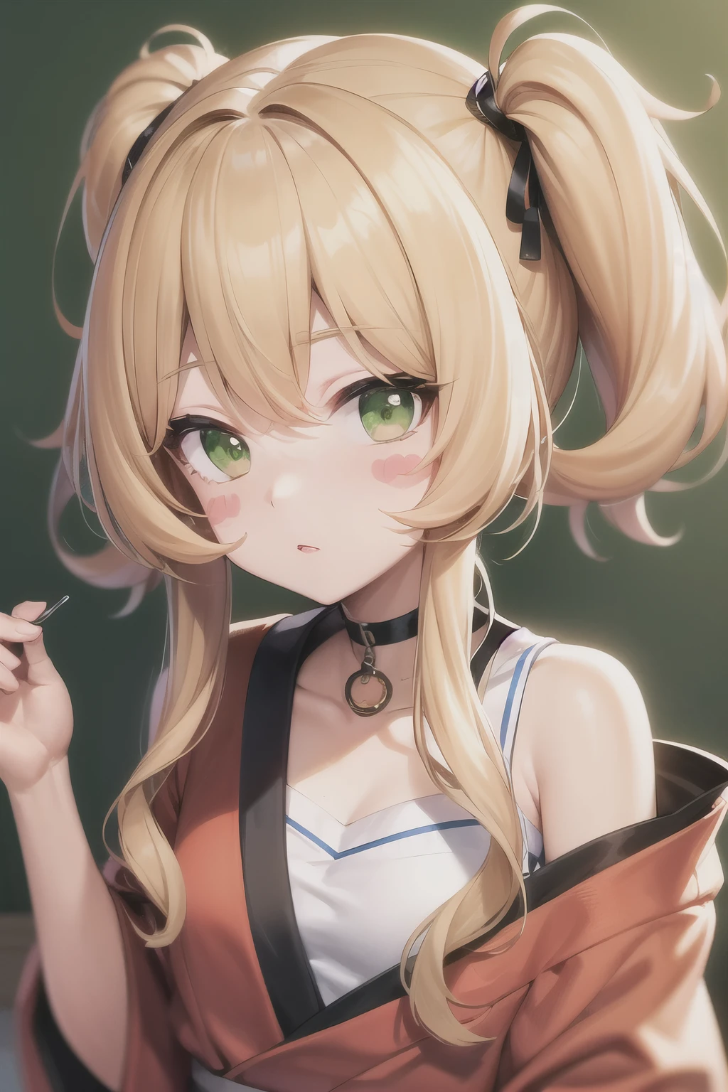 Blonde Hair, choker,(Green Eyes:1.5), Long Hair, high school student,Japanese ,blush, blush stickers, Have,break looking at viewer