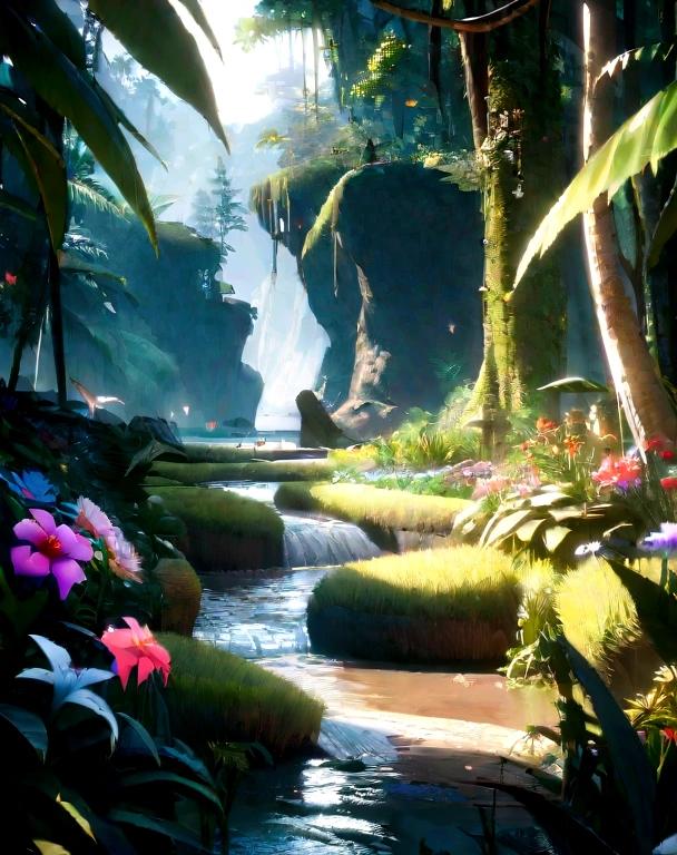 unreal engine 5 render, jungle, river, flowers, extremely detailed, colorful