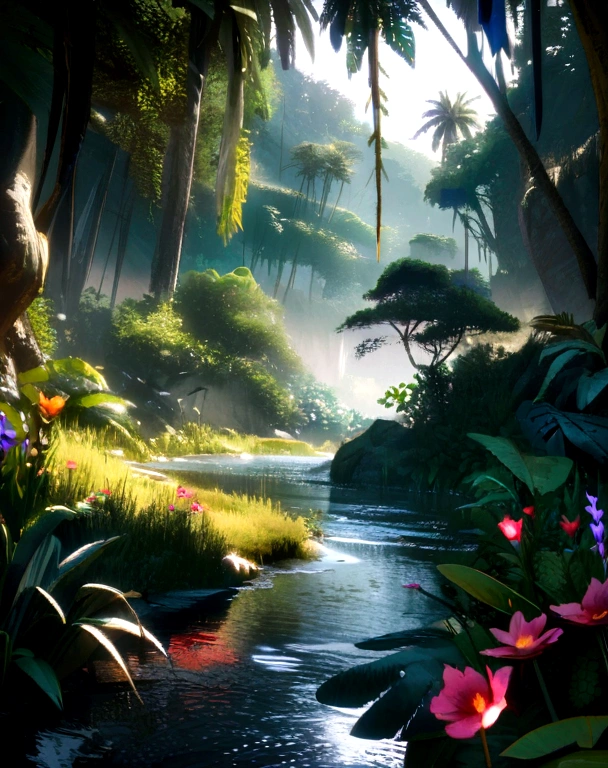 unreal engine 5 render, jungle, river, flowers, extremely detailed, colorful