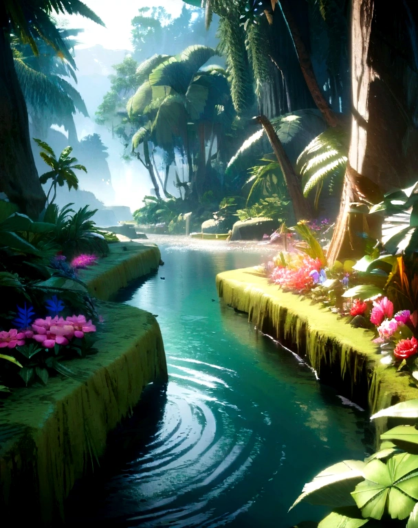unreal engine 5 render, jungle, river, flowers, extremely detailed, colorful