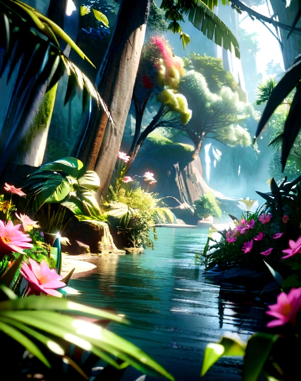unreal engine 5 render, jungle, river, flowers, extremely detailed, colorful