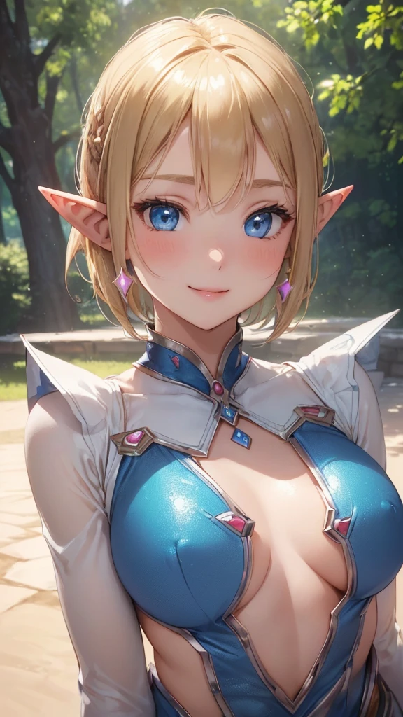 (Cowboy Shot、Very close)、((Focus on the upper body))、(((32k、masterpiece、High resolution、High resolution)))、1 young elven girl))、((Beautiful blonde))、short hair、((Beautiful Blue Eyes))、((Pointy Ears))、、Smiling Kindly、blush、Pink Lip Gloss,((Ultraman&#39;s shiny, skin-tight costume、Cosplay、gloves))、((Skyscraper rooftop at night))、((Show your back and emphasize your buttocks))