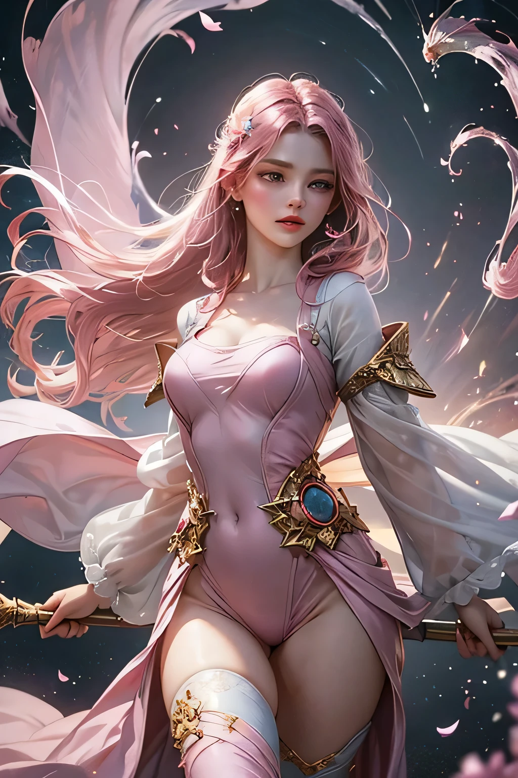 "Create an ultra-realistic image of a stunning 18-year-old girl holding an air magical staff that exudes the energy of the wind and sky. She should be dressed in a sophisticated, ((((((dark pink)))))) shaded outfit that contrasts beautifully with her airy element. Depict her surrounded by elements of air, such as swirling breezes, floating feathers, and gentle currents, to highlight her command over this element. Include a distinct air symbol on her body, signifying her role as the keeper of air and illustrating the powerful, ethereal energy of air she holds within her."