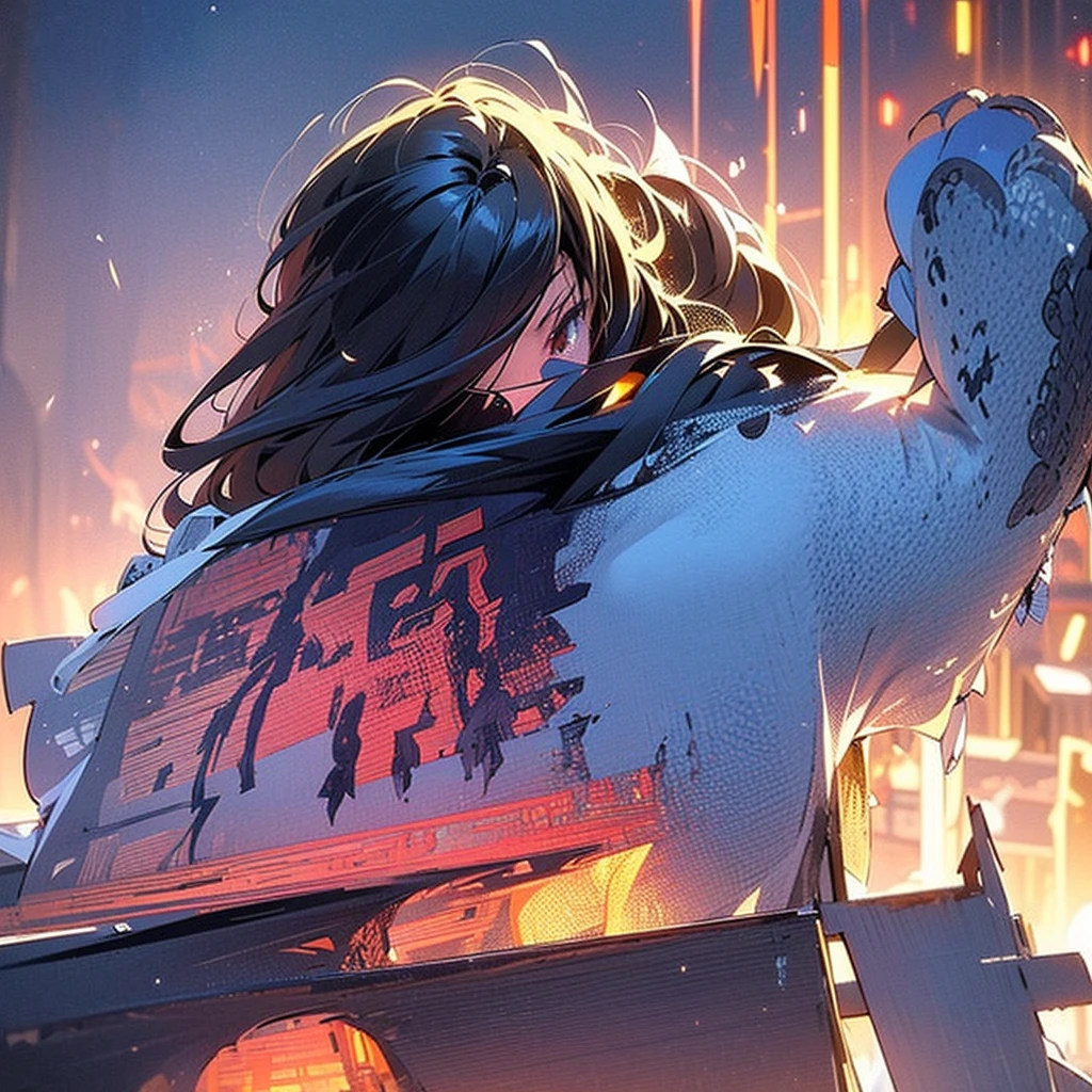 An intense battle scene featuring a fierce high school girl in mid-motion, swinging her colossal, legendary scythe adorned with intricate patterns and glowing with divine light, surrounded by godly energy effects, while wearing a sleek, stylish outfit with dark fabrics and intricate, edgy designs and poisonous-looking embroidery, amidst a dazzling array of light, lightning, wind pressure, and speed effects, with shadowy minions of darkness around her, the vibrant neon lights of the city casting an otherworldly glow on the scene, enhancing the urgency and chaos, creating a high-octane action scene alive with power and energy, showcasing the ultimate contrast of light and dark in an epic showdown.