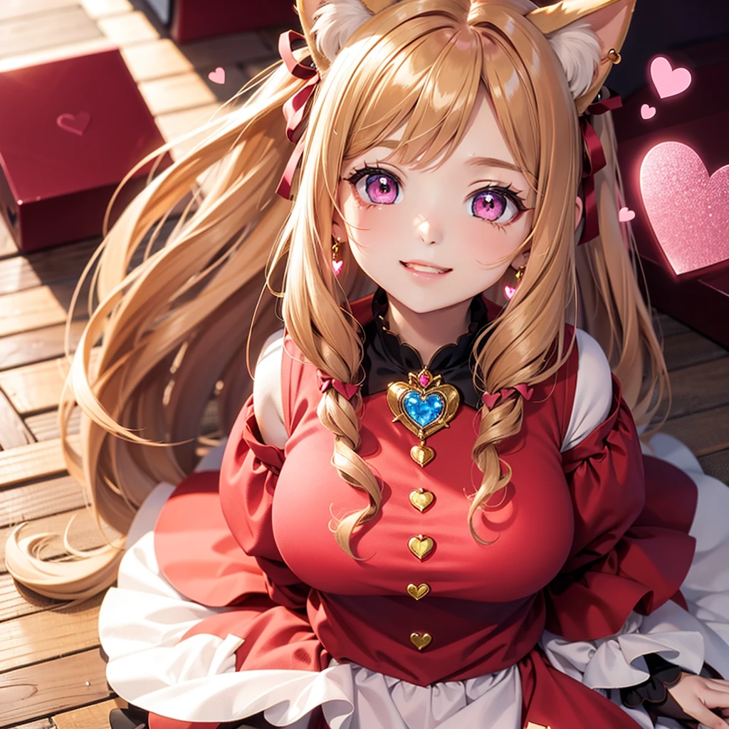 Brown blond hair, pink eyes, body, cat ears, girl, earrings, heart background fantasy, princess, godly, hair bows, happy face, red dress