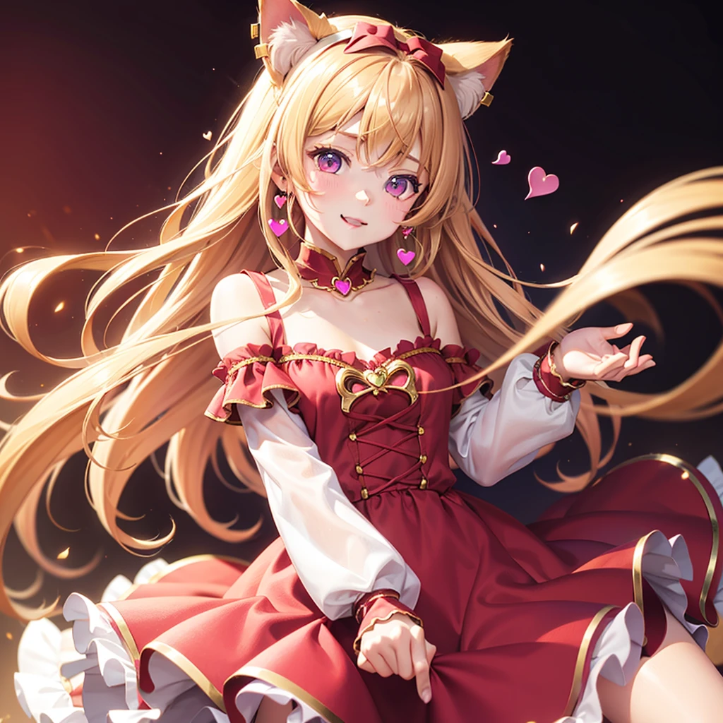 Brown blond hair, pink eyes, body, cat ears, girl, earrings, heart background fantasy, princess, godly, hair bows,  happy face, red dress