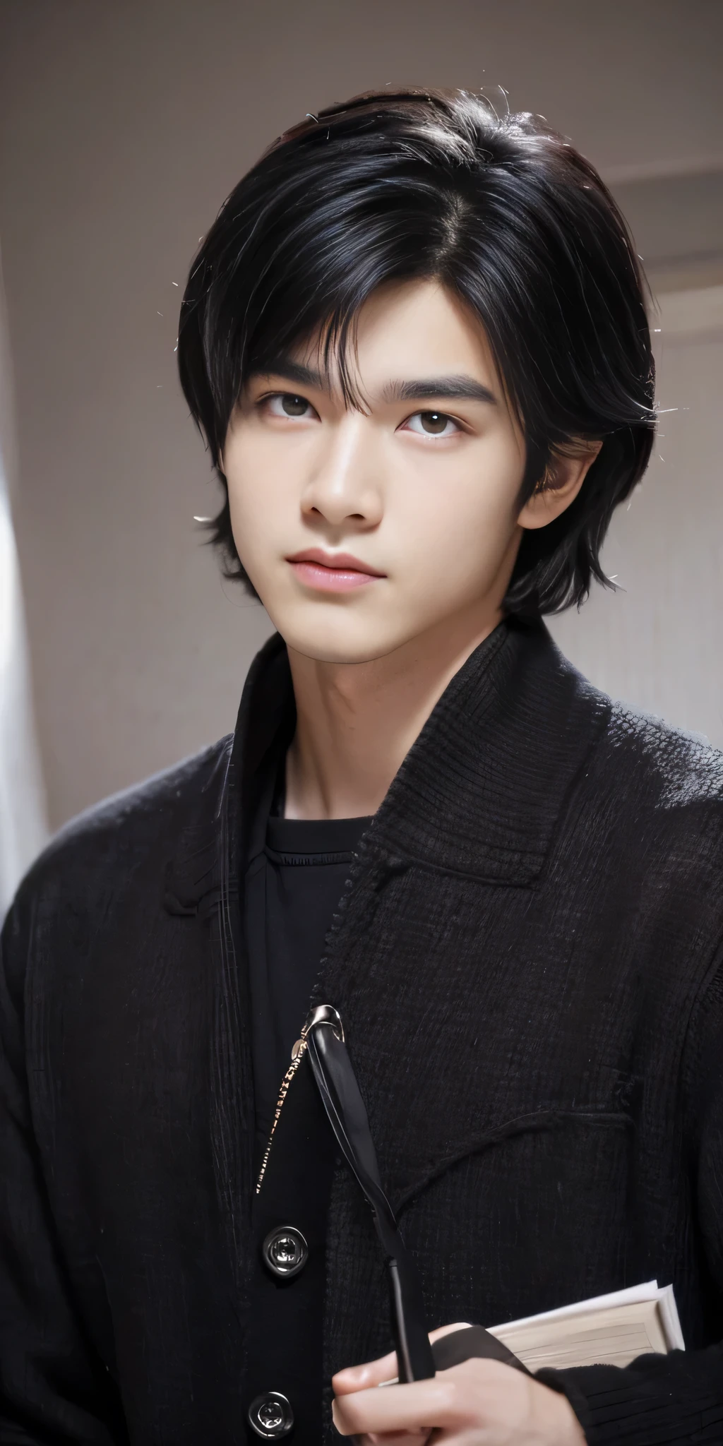A young man in a , with purple eyes and dark black hair, was studying seriously.