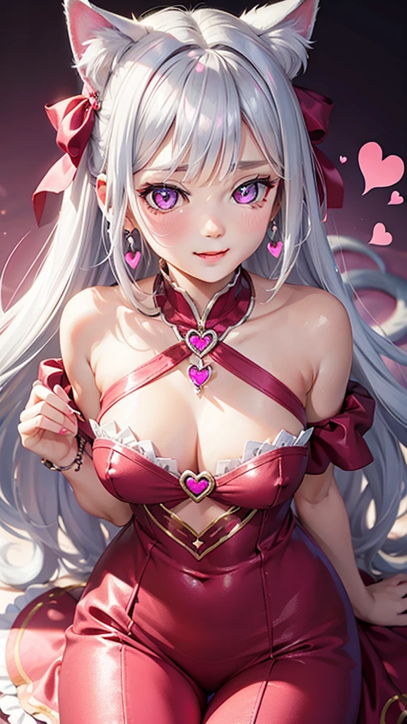 Silver hair, pink eyes, body, cat ears, girl, earrings, heart background fantasy, princess, godly, hair bows,  happy face, red dress
