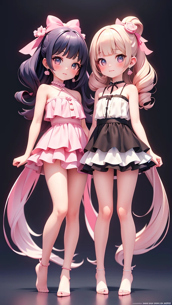(((bishojo, two girls))), ((kawaii  face)), ((kawaii  eyes)), (masterpiece), (top quality), (hyper detailed), (exquisite), (depth), (crisp), (8k), (beautiful and aesthetic), (super detailed skin), (high standard), (high resolution), (perfect anatomy), ((full body)), (blush), (bare foot), (bow in hair), ((armpits)), (blunt bangs), (earrings), (strapless sleeveless dress), (summer coast), ((yuri))