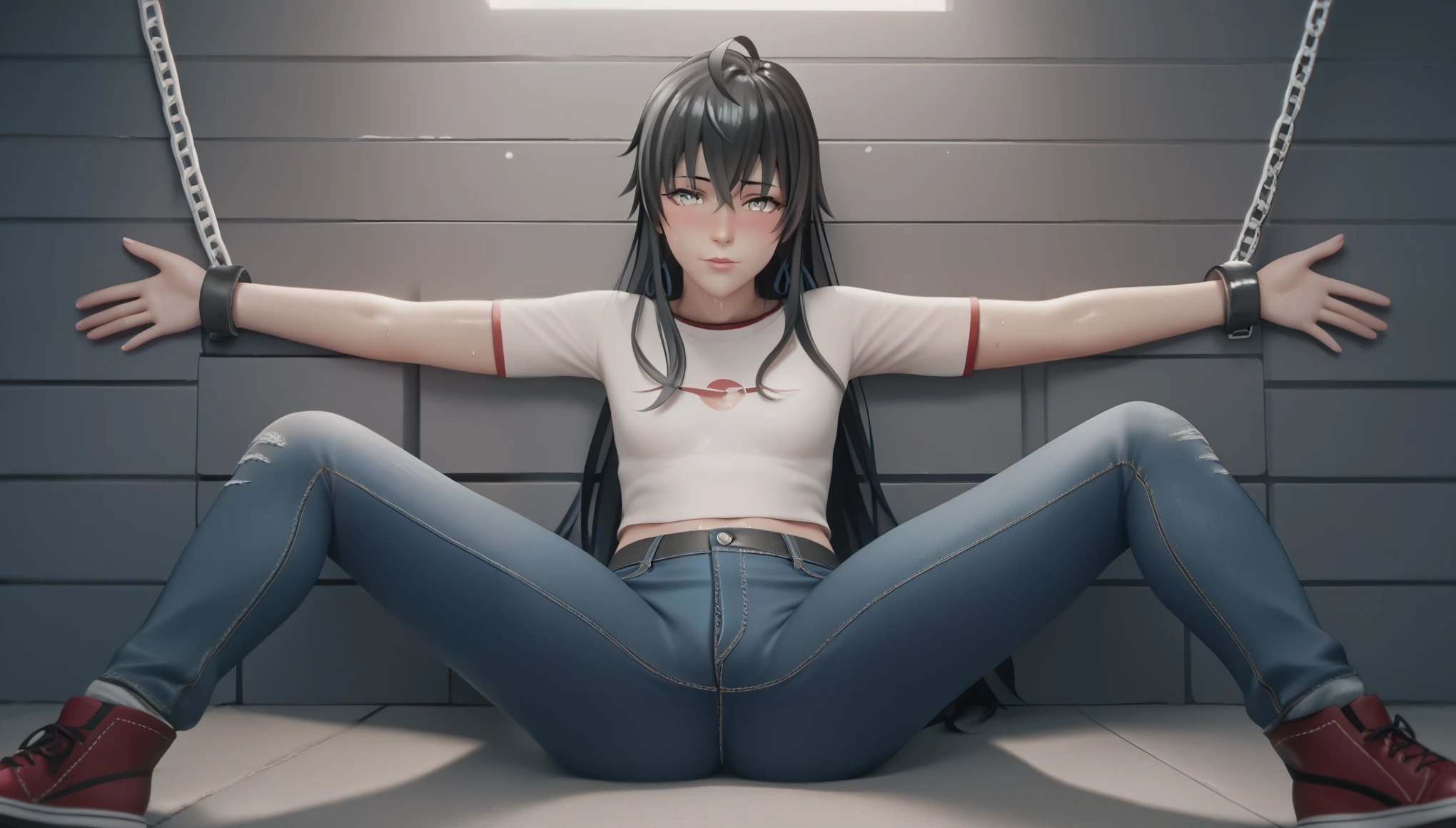 score_9, score_8_up, score_7_up, score_6_up, score_5_up, score_4_up, uncensored, yukinoshita yukino, absurdly long hair, grey eyes, black hair, very long hair, horny face, blush face, lips, naughty face, shiny skin, sweating, steaming body, curvy, voluptuous, heavy breathing, (small breasts:1.3), detailed body, detailed eyes, w-w-chain, spread arms, messy hair, white shirt, jeans pants, dungeon, best quality, best res, 4K UHD,