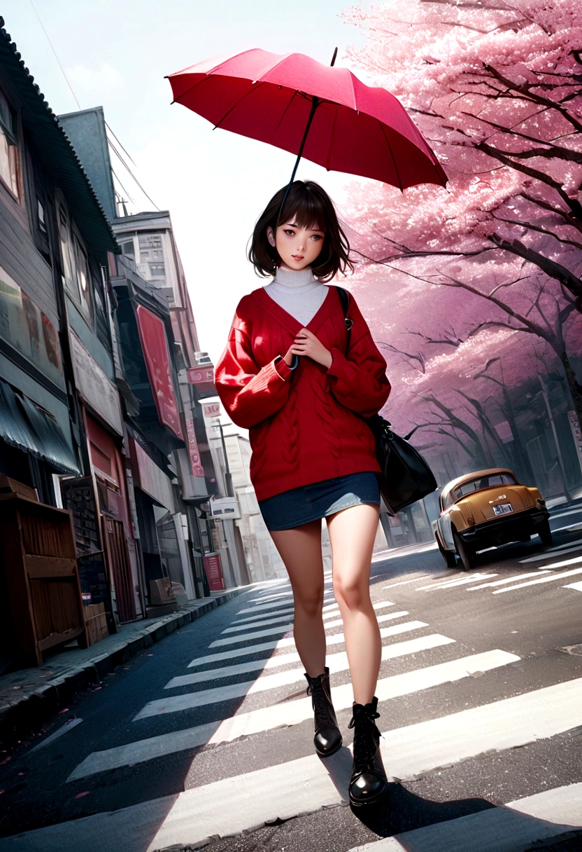 (Extremely detailed CG unity 8k wallpaper), Wide Angle, 1 girl holding an umbrella, Solitary, Walking in the middle of the road, Pink cherry blossom trees on the roadside, whole body, sweater, Short skirt, Fashion, complex, High Detail, Clear focus, dramatic, Realistic Art