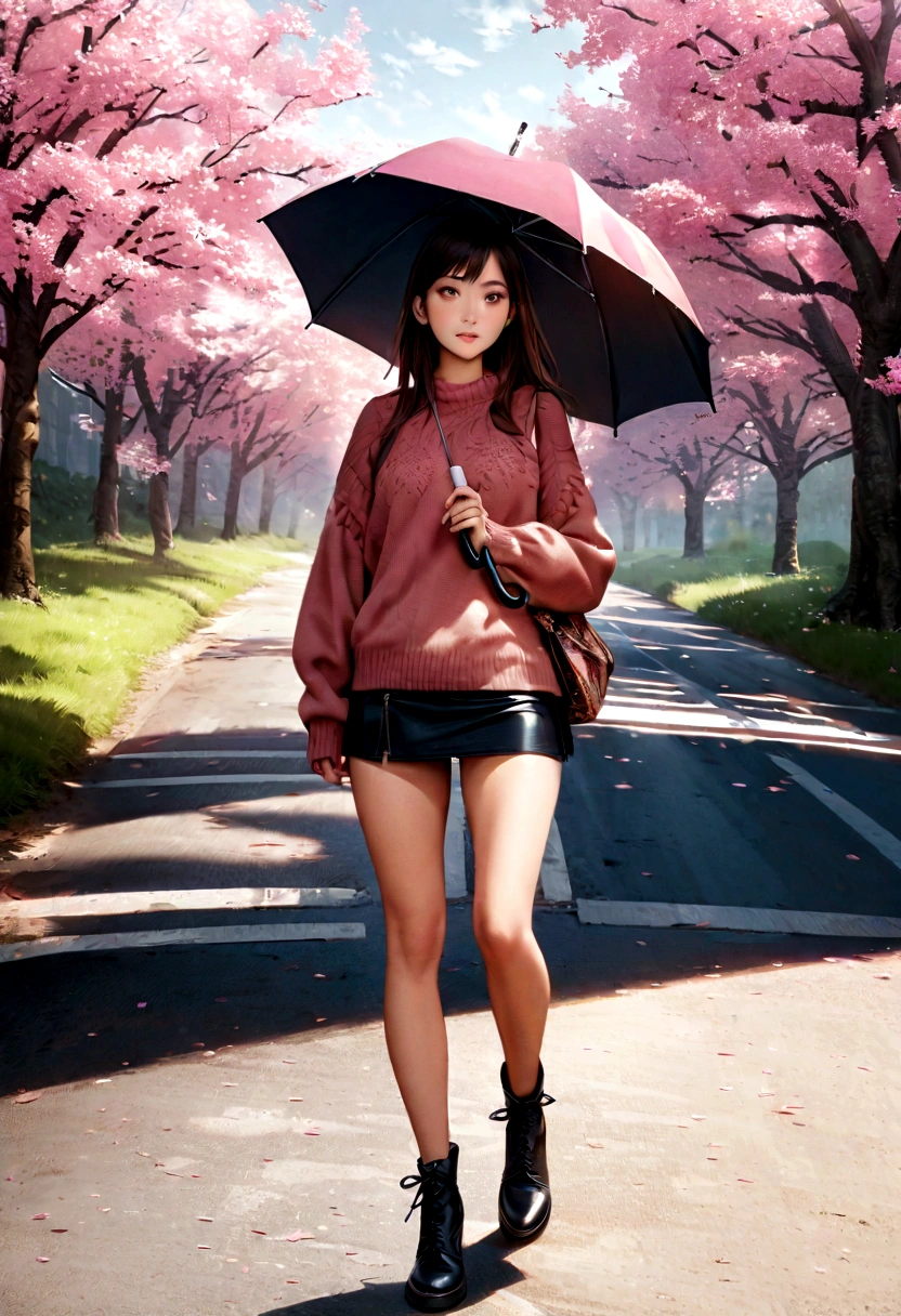 (Extremely detailed CG unity 8k wallpaper), Wide Angle, 1 girl holding an umbrella, Solitary, Walking in the middle of the road, Pink cherry blossom trees on the roadside, whole body, sweater, Short skirt, Fashion, complex, High Detail, Clear focus, dramatic, Realistic Art