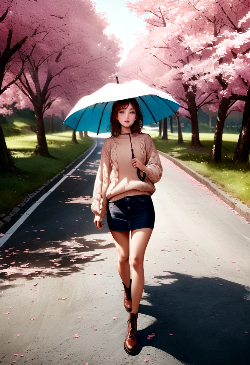 (Extremely detailed CG unity 8k wallpaper), Wide Angle, 1 girl holding an umbrella, Solitary, Walking in the middle of the road, Pink cherry blossom trees on the roadside, whole body, sweater, Short skirt, Fashion, complex, High Detail, Clear focus, dramatic, Realistic Art