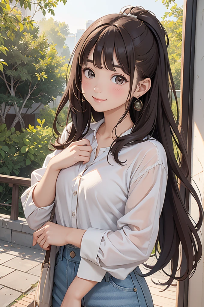 an unparalleled masterpiece、Ultra-realistic 8k CG、perfect artwork、wallpaper、1 Girl Girl Beautiful Girl、alone、beautiful face、
hair ornaments、looking at the viewer、Put a smile on your face、closed your mouth、hair ornaments、headless、jewelry、earrings、Brown hair long hair、