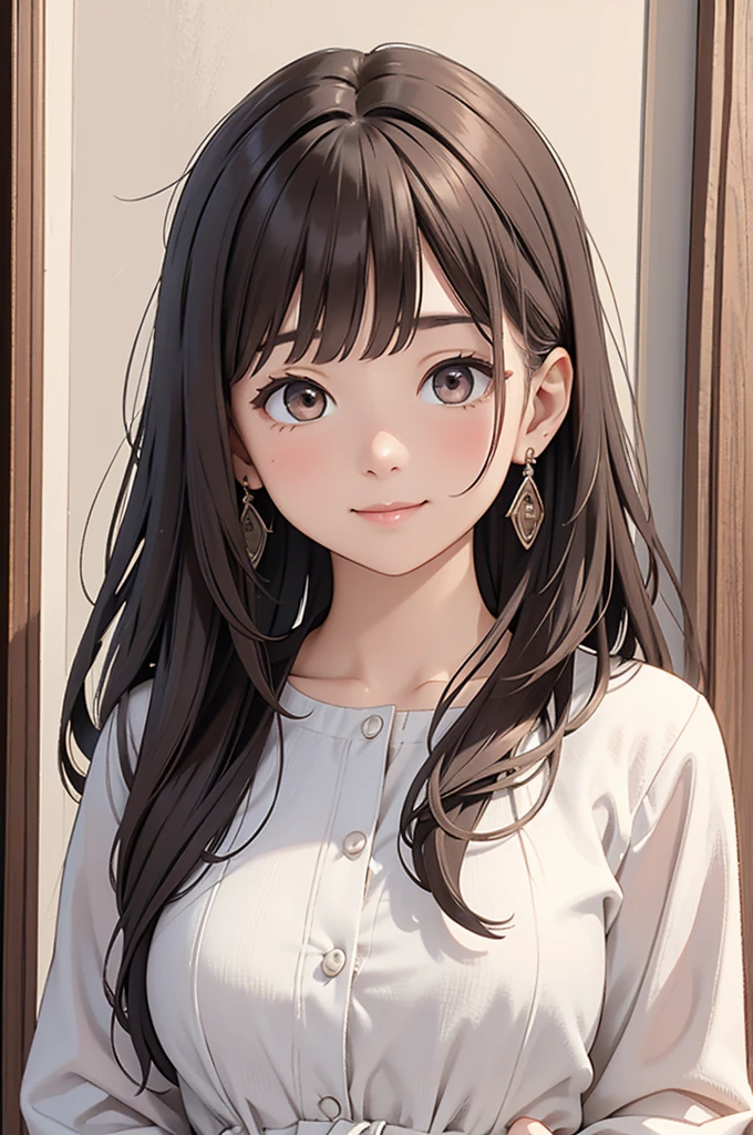 an unparalleled masterpiece、Ultra-realistic 8k CG、perfect artwork、wallpaper、1 Girl Girl Beautiful Girl、alone、beautiful face、
hair ornaments、looking at the viewer、Put a smile on your face、closed your mouth、hair ornaments、headless、jewelry、earrings、Brown hair long hair、