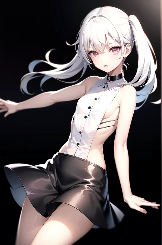 Highest quality, Ultra-high resolution, One girl, Sleeveless white button-up shirt, Black Skirt, Black Choker, cute, (K-Pop Idols), (aegyo sal:1), (Platinum Blonde Hair:1), ((Puffy eyes)), View your viewers, whole body, Look forward