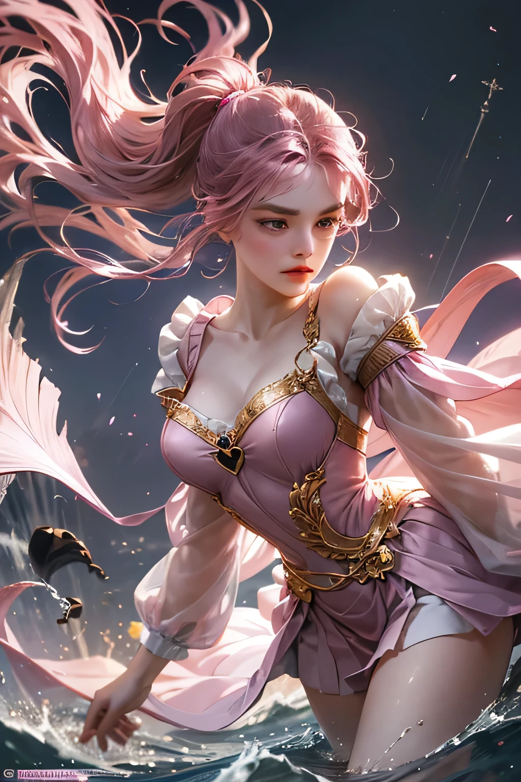 "Create an ultra-realistic image of a stunning 18-year-old girl holding an air magical staff that exudes the energy of the wind and sky. She should be dressed in a sophisticated, ((((((dark pink)))))) shaded outfit that contrasts beautifully with her airy element. Depict her surrounded by elements of air, such as swirling breezes, floating feathers, and gentle currents, to highlight her command over this element. Include a distinct air symbol on her body, signifying her role as the keeper of air and illustrating the powerful, ethereal energy of air she holds within her."