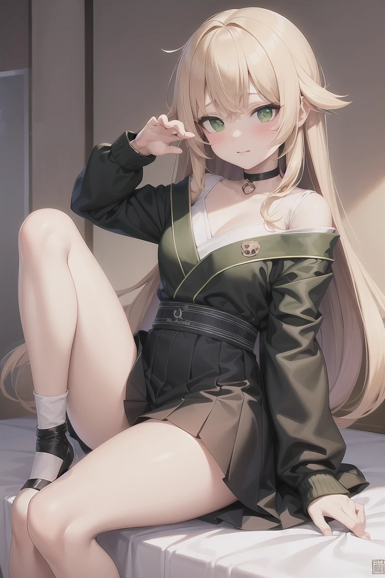 Masterpiece, best quality, Blonde Hair, choker,(Green Eyes:1.5), Long Hair, high school student,Japanese ,blush, blush stickers, Have,break looking at viewer