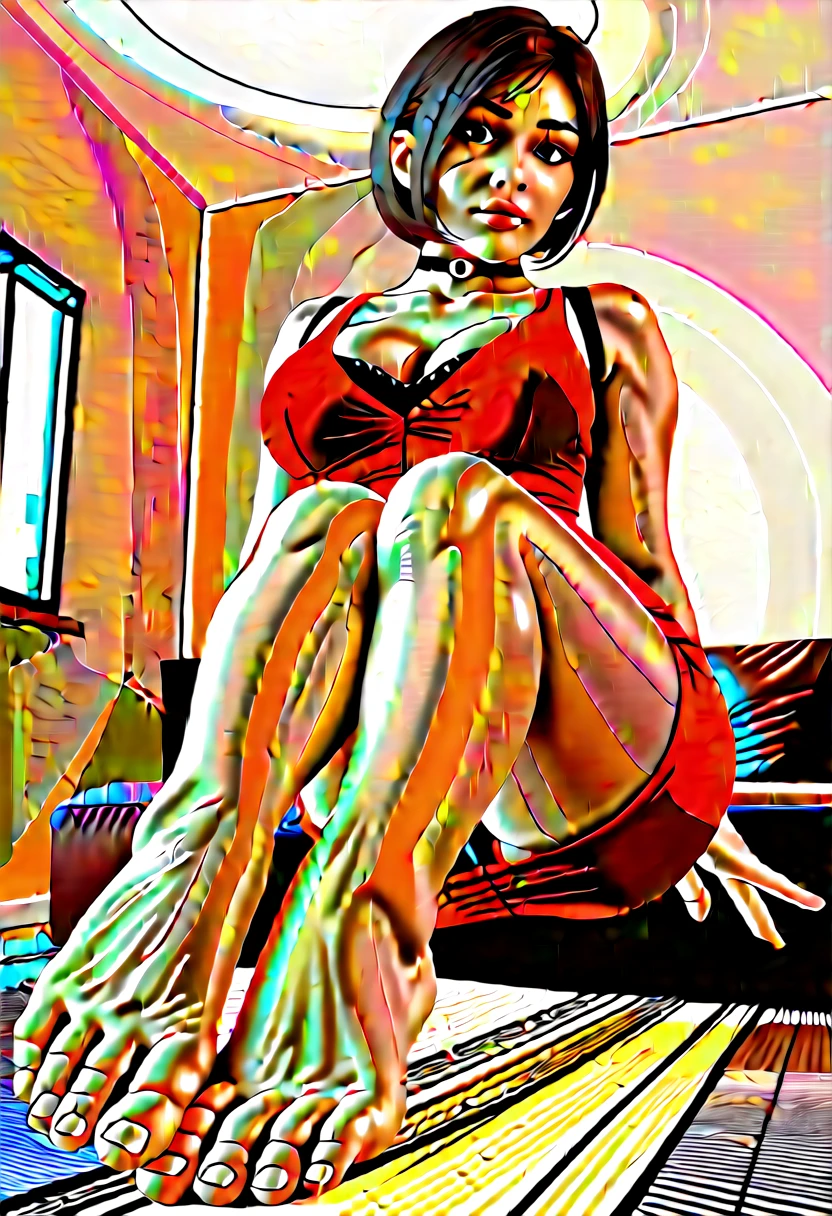 score_9,score_8_up,score_7_up, score_6_up, source_explicit, BREAK, amateur photo, foot focus, mature woman, adadress, sitting on the floor, low angle, black hair, short hair, black eyes, red dress, short dress, sleeveless dress, cleavage, choker, pantyhose, barefoot, RealFeet, both detailed feet, five toes, smooth natural toenails, realistic, photorealistic, high quality, highly detailed, detailed skin, depth of field, film grain, bedroom