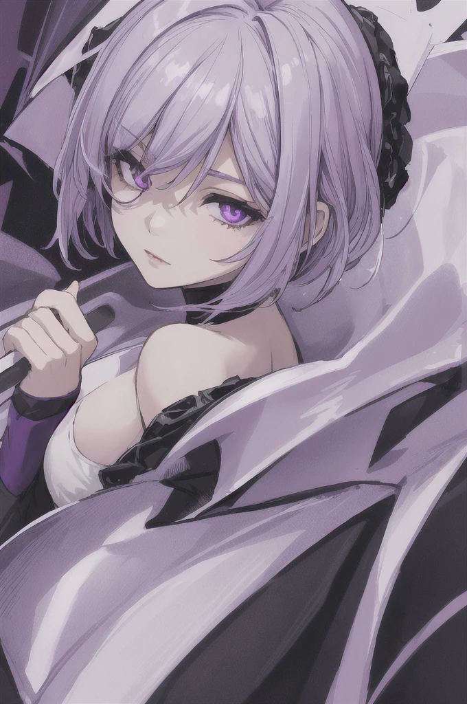 girl with short white hair, purple eyes, black short dress with purple lighting around her, highly detailed high contrast hd masterpiece of best quality in high resolution