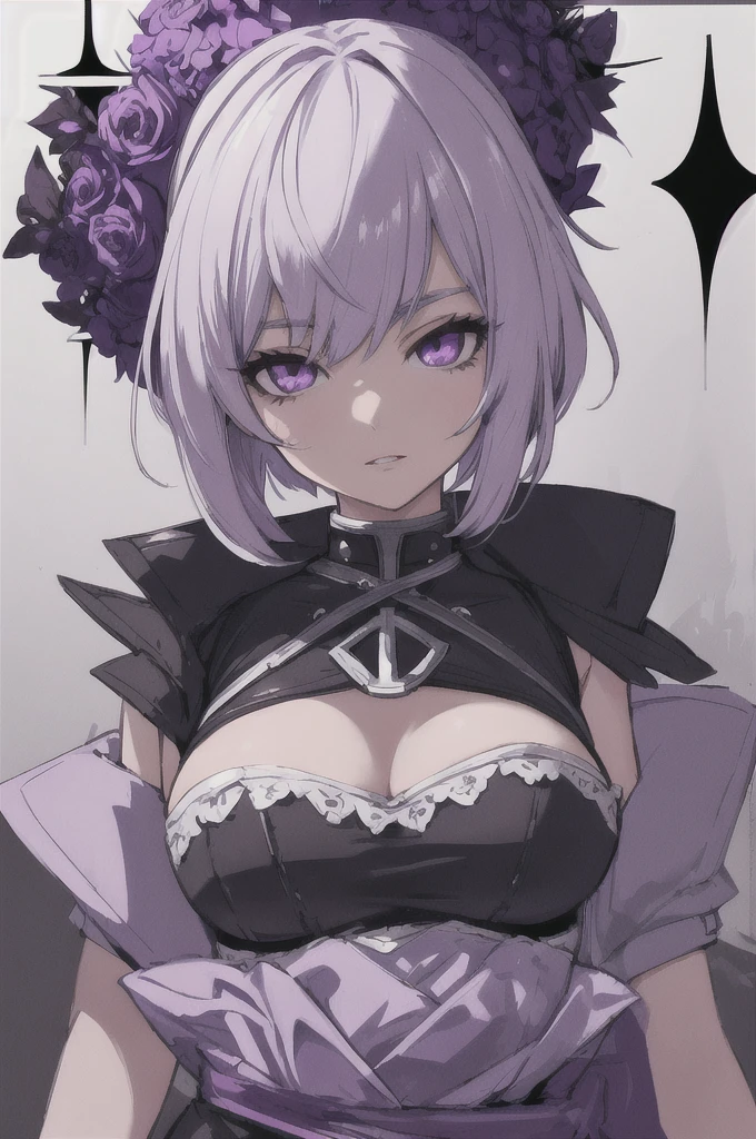 girl with short white hair, purple eyes, black short dress with purple lighting around her, highly detailed high contrast hd masterpiece of best quality in high resolution