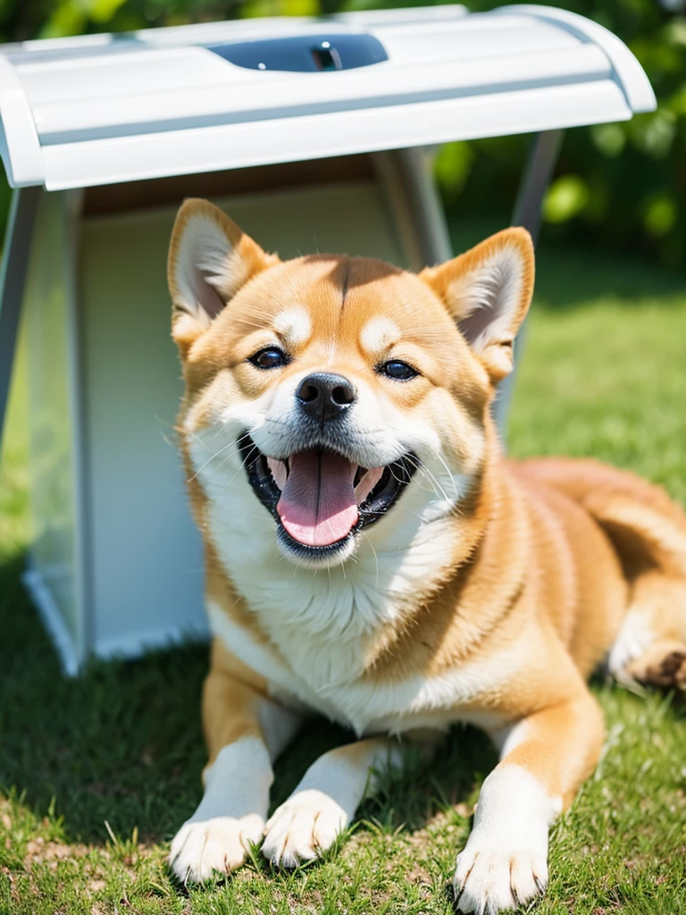 Highest Resolution,Highest quality,Shiba Inu,可愛いShiba Inu,Fluffy,smile,Drooling,Dripping saliva,Overflowing saliva,Iyashiba dog,garden,doghouse,grass,Stringy saliva,