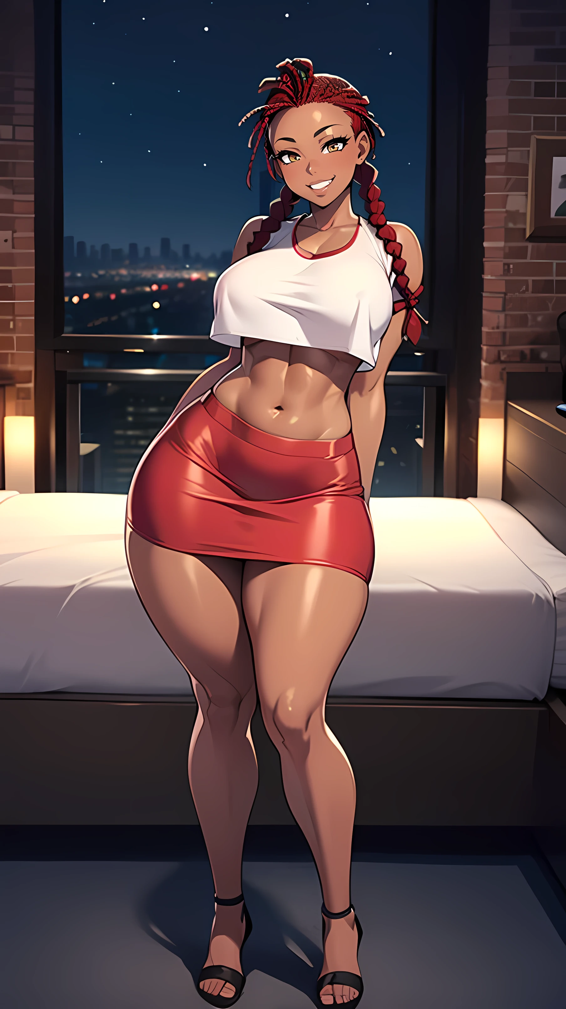 4K Quality, grinning, sexy pose, (black crop top and skirt), standing up, ((black and red braids)), (dark skinned), thick thighs, big breasted, big ass, looking at viewer, amber eyes, night time, bedroom eyes, full body, city background, perfect face, perfect body, perfect eyes, full lips,