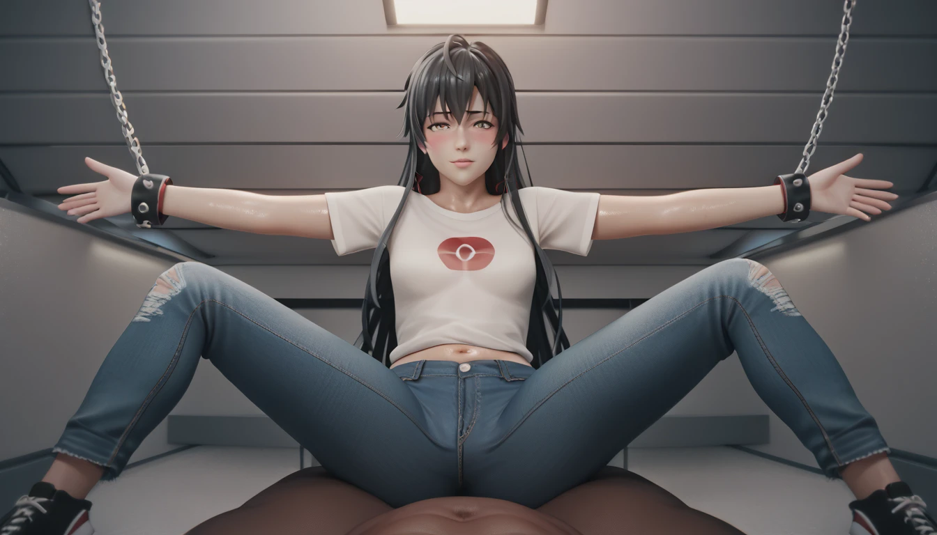 score_9, score_8_up, score_7_up, score_6_up, score_5_up, score_4_up, uncensored, yukinoshita yukino, absurdly long hair, grey eyes, black hair, very long hair, horny face, blush face, lips, naughty face, shiny skin, sweating, steaming body, curvy, voluptuous, heavy breathing, (small breasts:1.3), detailed body, detailed eyes, w-w-chain, spread arms, messy hair, white shirt, jeans pants, dungeon, best quality, best res, 4K UHD,