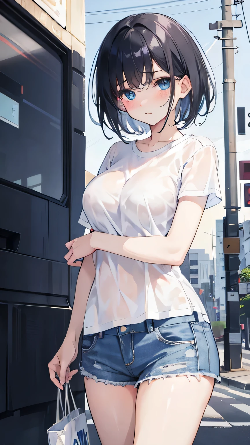 shy girl, blushing, 1girl, short black hair, blue eyes, wearing plain white shirt, denim shorts, city, absurdres, high res, ultrasharp, 8K, masterpiece, looking at viewer