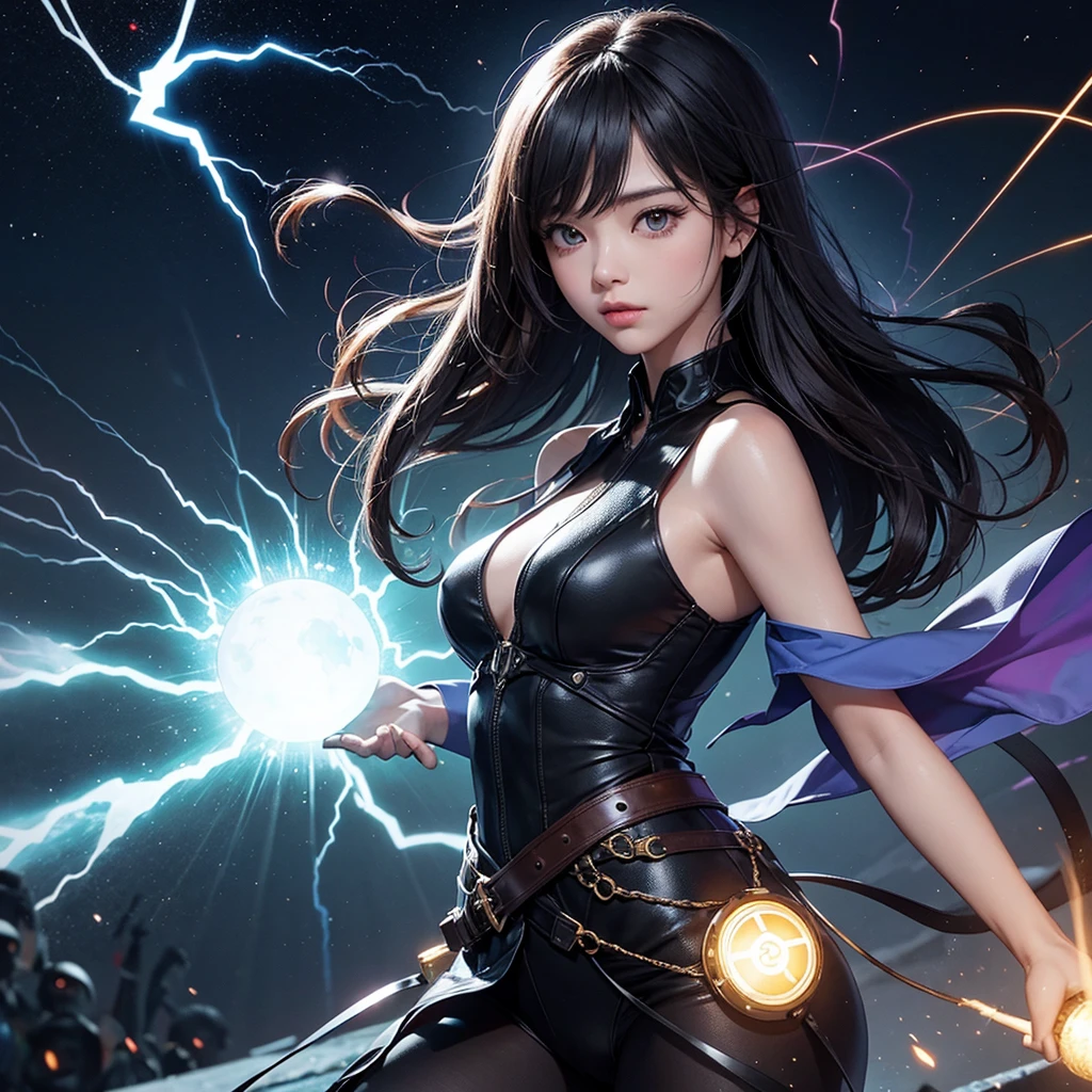 a cartoon anime girl,big breast,3d , animated,lighting neons,holding a blue diamond,wearing a black coat,