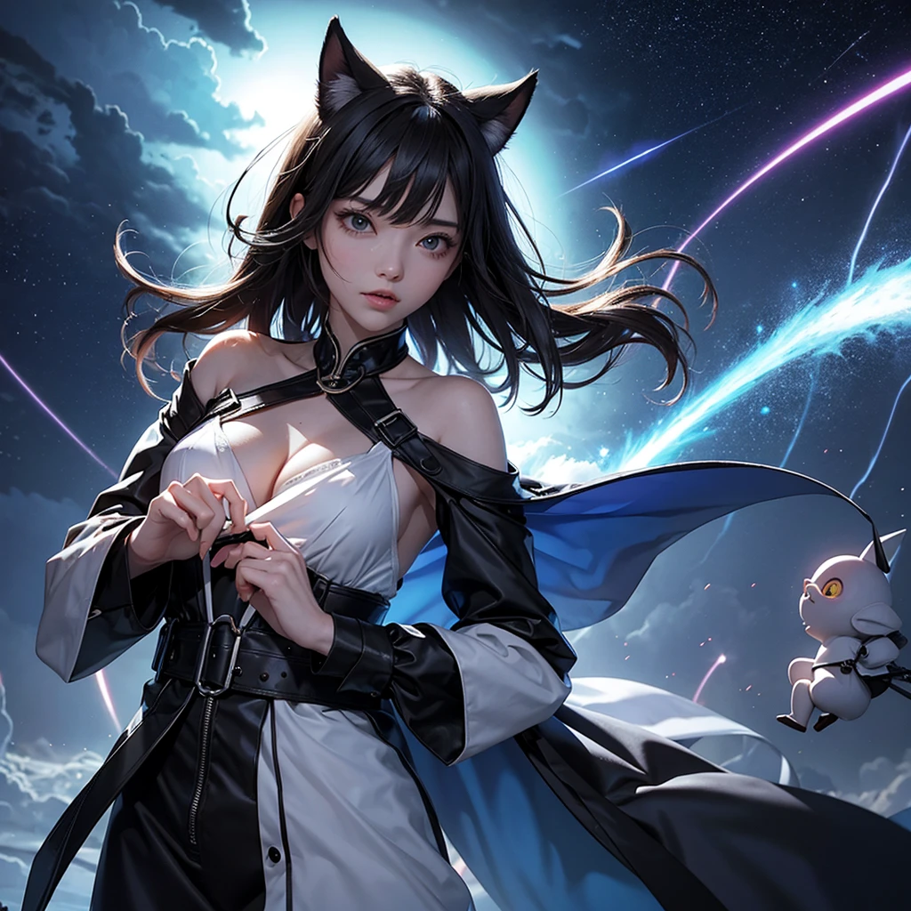 A fierce high school girl、Bright lights and lightning、The wind pressure is dazzling、Bright lights and lightningと風圧が交錯する中、緻密な模様とgod々A bright light is emitted、god々While being surrounded by a new energy effect、複雑な模様とgod々A bright light is emitted伝説の巨大な大鎌を振り回す激しい戦闘シーン。 and、Speed effect with shadowy minions of darkness around her、The city's vibrant neon lights cast an otherworldly glow on the scene.、Increase tension and chaos、Create high-octane action scenes full of power and energy.、An epic showdown showcasing the ultimate contrast between light and darkness。