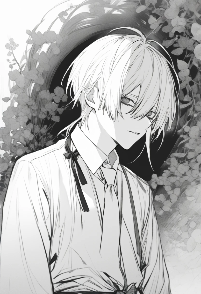 yuto-sano, 1boy, Kaneki, white hair, tied hair, long hair, , elegant, monochrome, solo, greyscale, male focus, looking at viewer