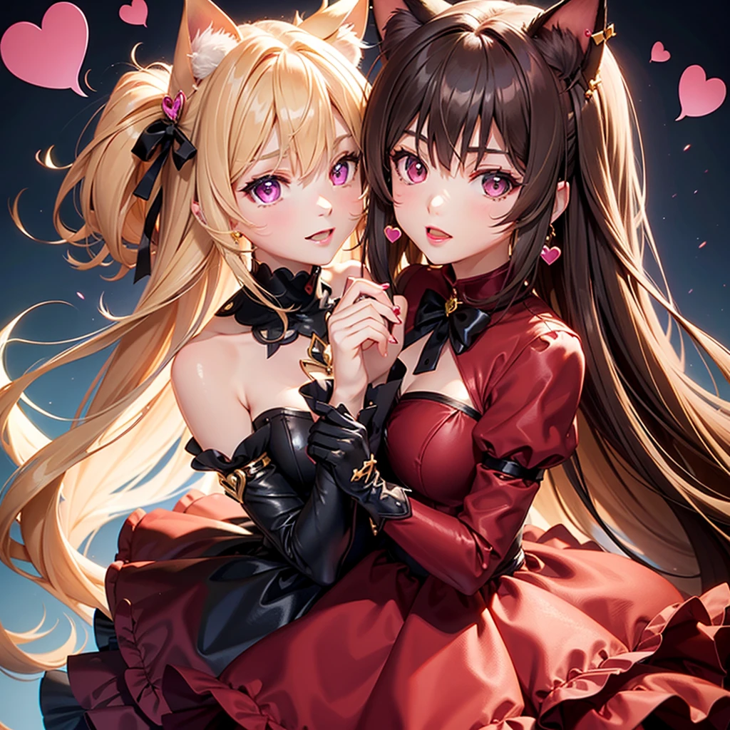 Dark Brown with blond highlights hair, pink eyes, body, cat ears, girl, earrings, heart background fantasy, princess, godly, hair bows, happy face, red dress