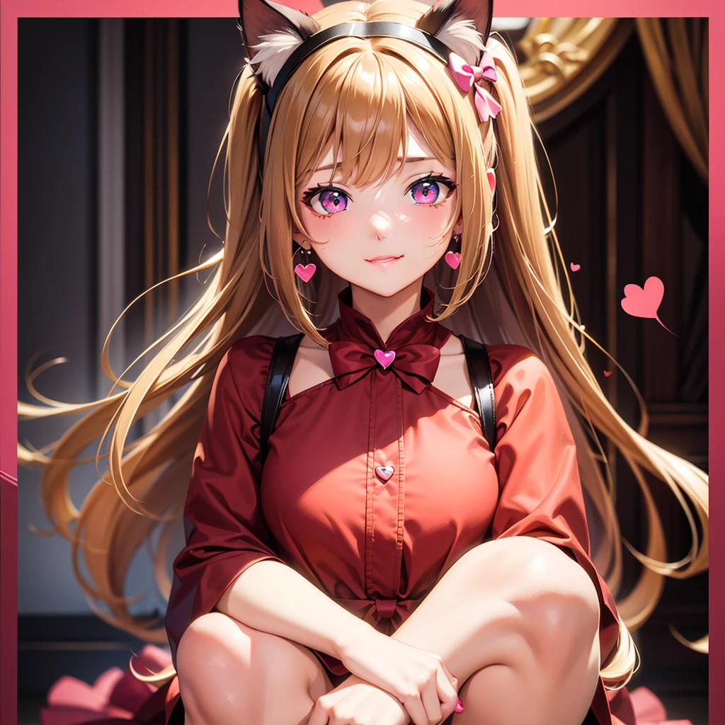 Dark Brown with blond highlights hair, pink eyes, body, cat ears, girl, earrings, heart background fantasy, princess, godly, hair bows,  happy face, red dress