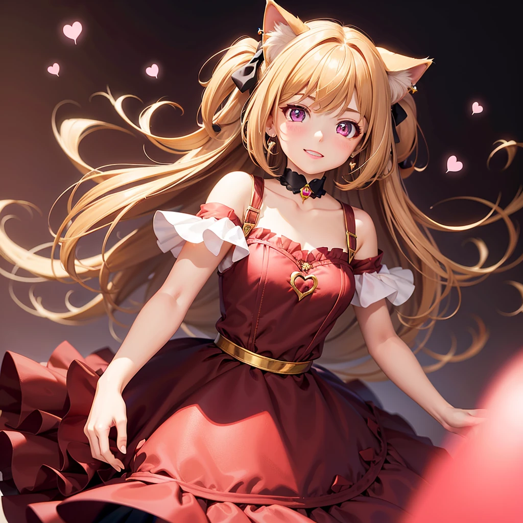 Dark Brown with blond highlights hair, pink eyes, body, cat ears, girl, earrings, heart background fantasy, princess, godly, hair bows,  happy face, red dress