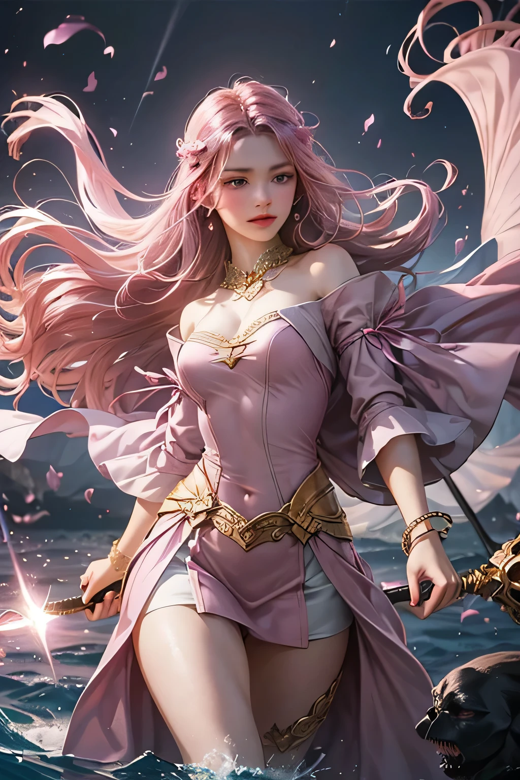 "Create an ultra-realistic image of a stunning 18-year-old girl holding an air magical staff that exudes the energy of the wind and sky. She should be dressed in a sophisticated, ((((((dark pink)))))) shaded outfit that contrasts beautifully with her airy element. Depict her surrounded by elements of air, such as swirling breezes, floating feathers, and gentle currents, to highlight her command over this element. Include a distinct air symbol on her body, signifying her role as the keeper of air and illustrating the powerful, ethereal energy of air she holds within her."