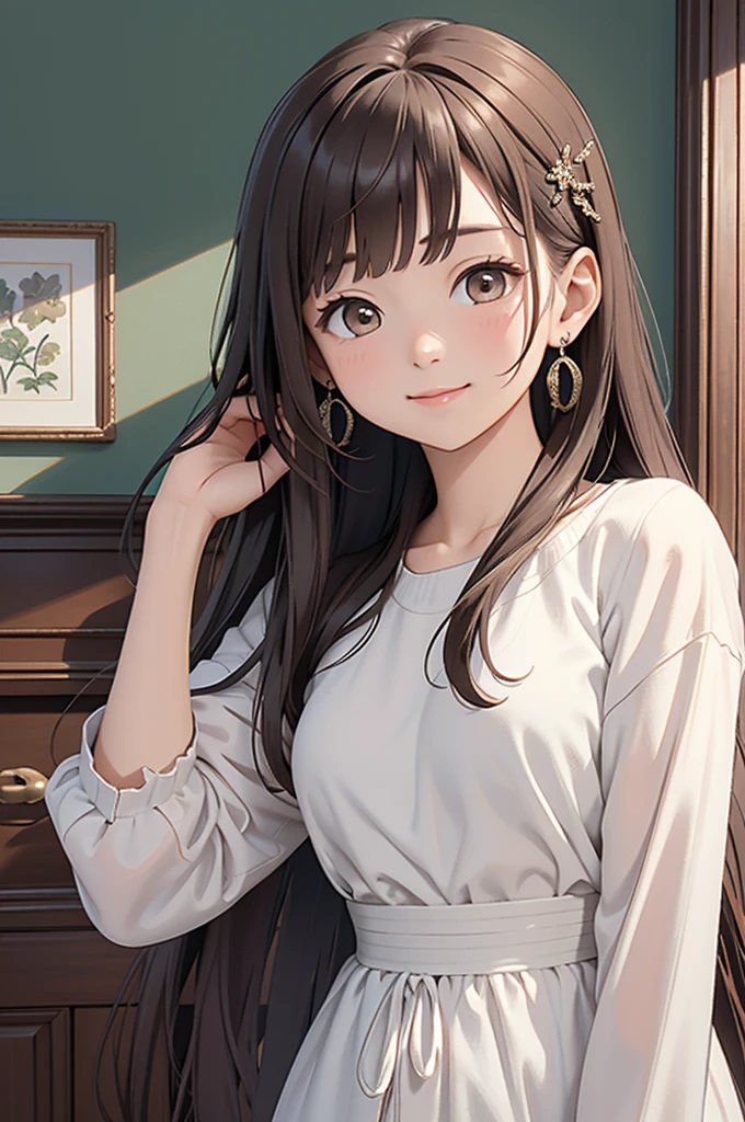 an unparalleled masterpiece、Ultra-realistic 8k CG、perfect artwork、wallpaper、1 Girl Girl Beautiful Girl、alone、beautiful face、
hair ornaments、looking at the viewer、Put a smile on your face、closed your mouth、hair ornaments、headless、jewelry、earrings、Brown hair long hair、