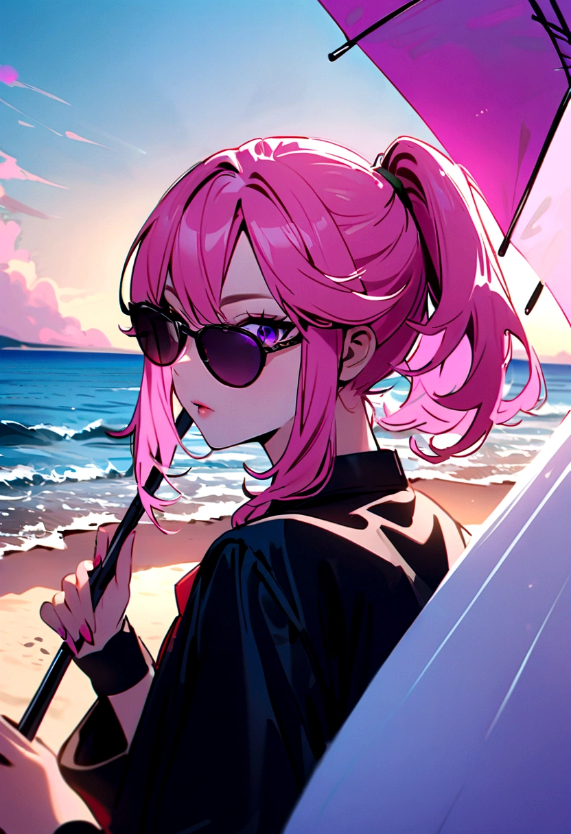 yae miko wearing stylish sunglasses, Holding an umbrella, Pink Hair, Purple Eyes, beach