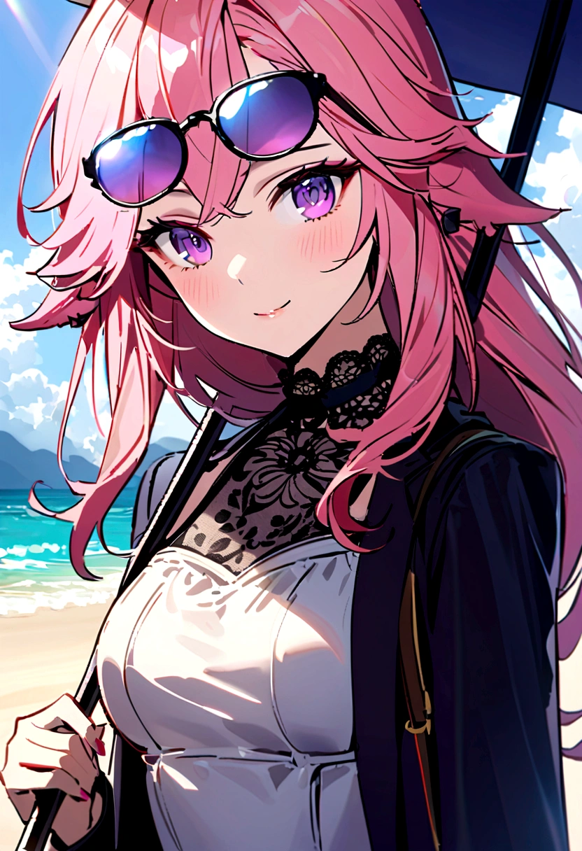 yae miko wearing stylish sunglasses, Holding an umbrella, Pink Hair, Purple Eyes, beach