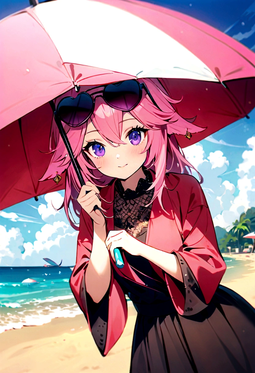 yae miko wearing stylish sunglasses, Holding an umbrella, Pink Hair, Purple Eyes, beach