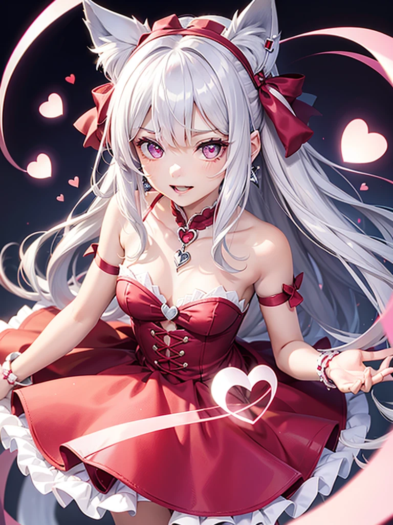 Silver hair, pink eyes, body, cat ears, girl, earrings, heart background fantasy, princess, godly, hair bows, happy face, red dress