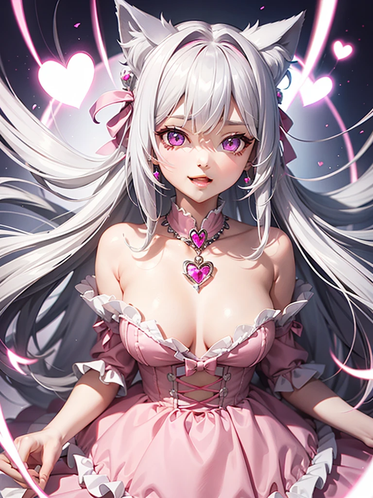 Silver hair, pink eyes, body, cat ears, girl, earrings, heart background fantasy, princess, godly, hair bows, happy face, red dress