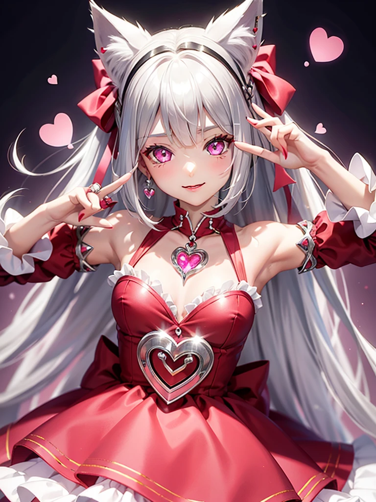 Silver hair, pink eyes, body, cat ears, girl, earrings, heart background fantasy, princess, godly, hair bows,  happy face, red dress