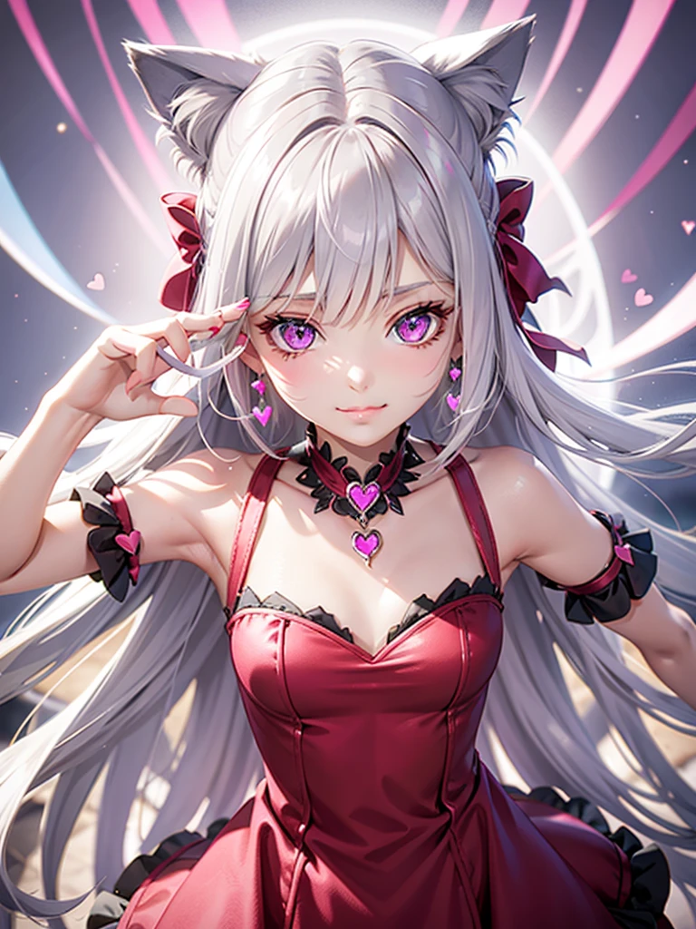 Silver hair, pink eyes, body, cat ears, girl, earrings, heart background fantasy, princess, godly, hair bows, happy face, red dress