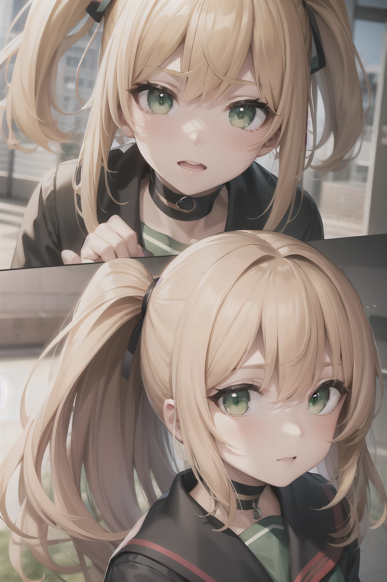 Blonde Hair, choker,(Green Eyes:1.5), Long Hair, high school student,Japanese school gym uniform,blush, blush stickers, Have,break looking at viewer, break outdoors, city, break (masterpiece:1.2), highest quality, High resolution, Unity 8k, (Beautiful fine details:1.6), Highly detailed face, Perfect lighting, Highly detailed CG, (Perfect hands, Perfect Anatomy),(Blush all over face, Embarrassing)