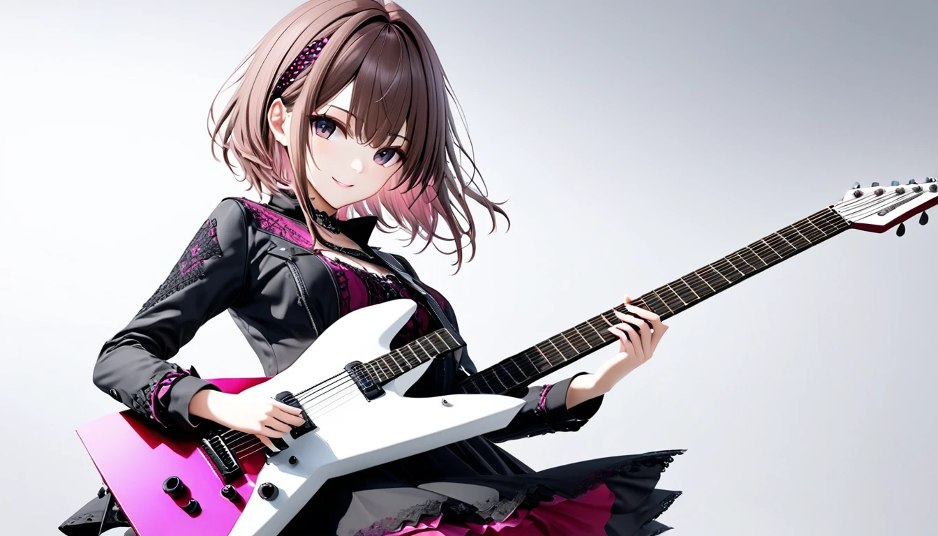 (((White background:1.2)))、(((The entire guitar is visible:1.5))),((masterpiece、Ultra HD、Masterpiece、4K)))、Perfect Style、Playing a white electric guitar、Scandinavian Gothic Metal Girl, Intense gaze into the camera, Intricate details, Highly detailed eyes, Brown bob hair、Pink Gothic Dress, Intricate details、smile、mini skirt、Dynamic Movement、(((The entire guitar is visible:1.5)))